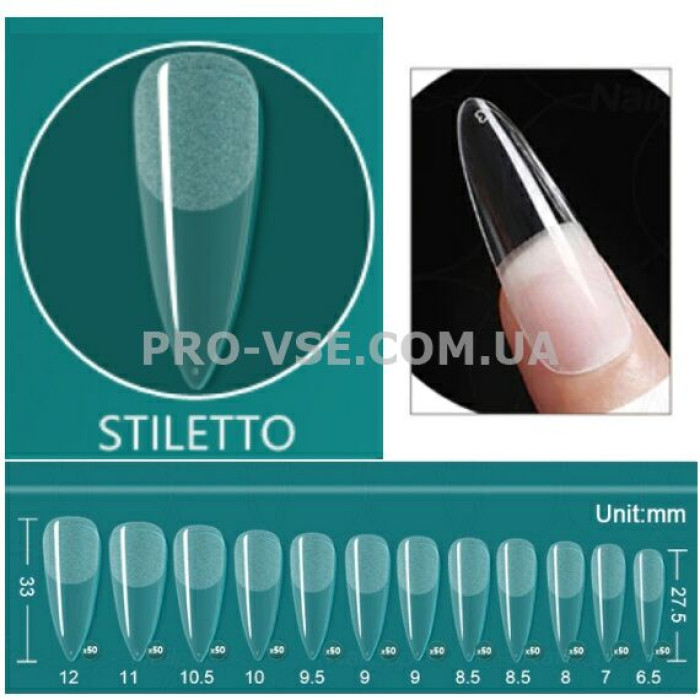 Гелеві тіпси для нарощування нігтів напівматові, форма Стилет 24шт